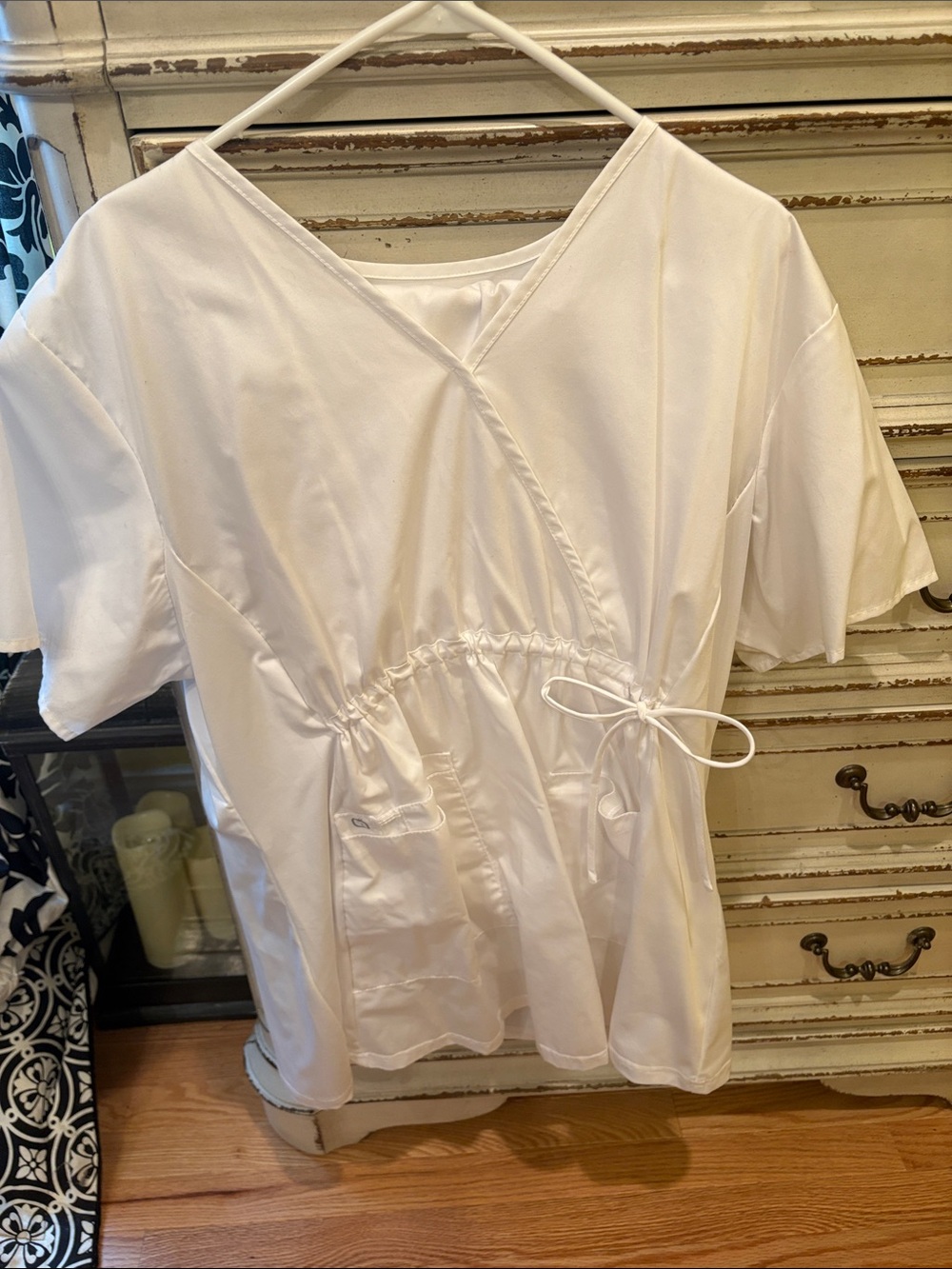 WonderWink White Wrap-Front Maternity Scrub Tunic with Drawstring and White Pant